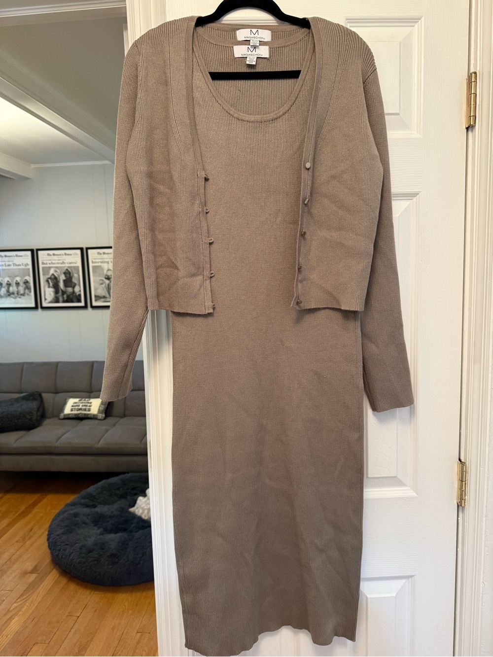 Magaschoni Taupe Knit Sleeveless Dress with Matching Cropped Cardigan